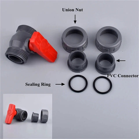 Grey Hose Connector Set 15 Piece Double Union Ball Valve Garden Watering Fittings For Quick Disconnects And Flexible Outdoor Irrigation And Lawn Watering System disassembled with union nut, PVC connector, and sealing rings