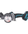 Badass Cordless Mini Circular Saw With Brushless Motor And Slick Rubberized Body For No Sweat Wood Metal Plastic Stone Cutting At 19000 Rpm Up To shows a side view of the mini saw.