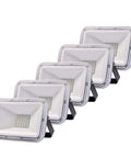 JUDYSSY Led Flood Lights Outdoor 30W, Ip67 Waterproof Garden Security Lights, 5 Pack in a row with white housing and LED chip.