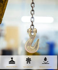 10 Piece Three Eighth Inch Clevis Grab Hooks Set, Grade 70 Forged Steel With Yellow Chromate Finish, hanging on chain.