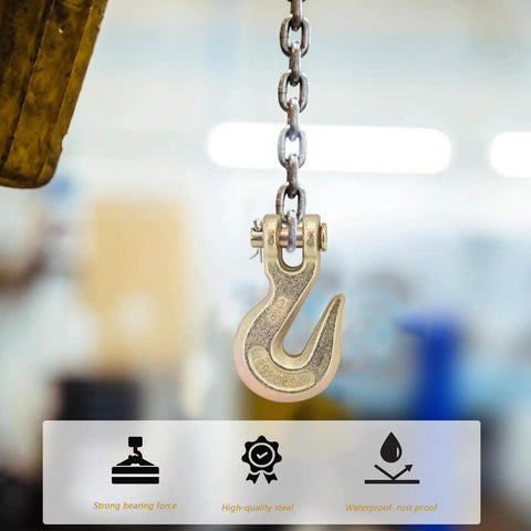 10 Piece Three Eighth Inch Clevis Grab Hooks Set, Grade 70 Forged Steel With Yellow Chromate Finish, hanging on chain.