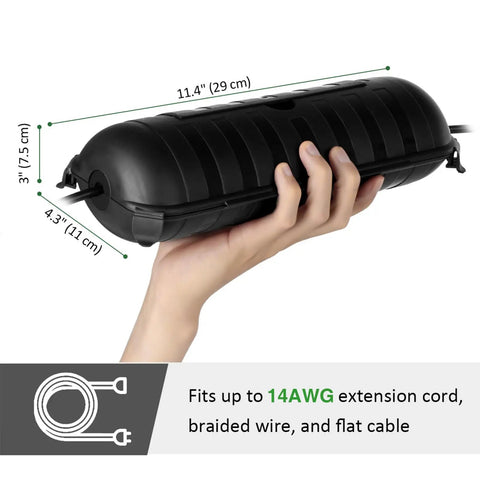 Tough As Nails Outdoor Extension Cord Cover And Weatherproof Electrical Outlet Protector Box in hand, measuring 11.4x4.3x3 inches.