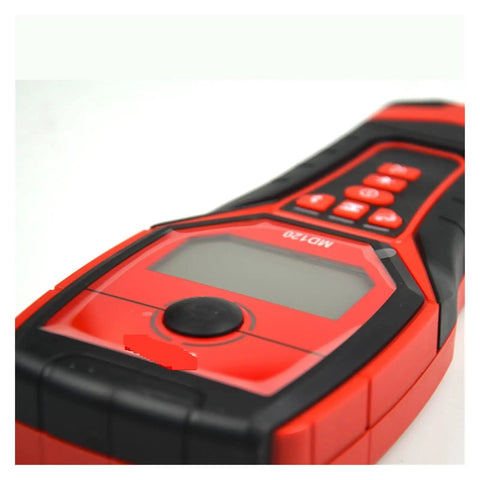 Close-up of Badass Multifunctional Stud Finder Wall Scanner and Electrical Pipe Detector showing buttons and display.