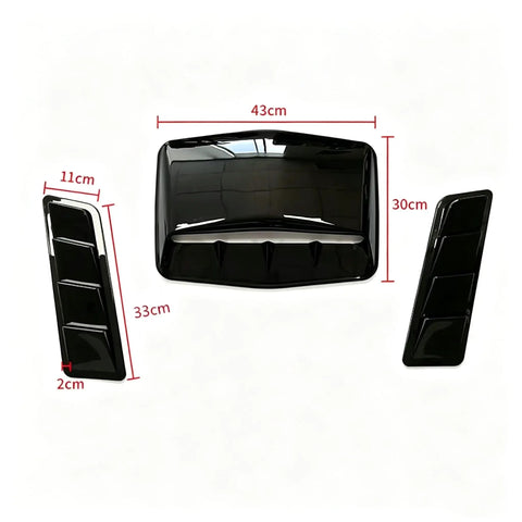 High Performance 3D Aerodynamic Hood Vent Cover For Tesla Cybertruck Sports three-piece design showing sizes and glossy black finish.