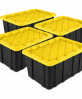 Heavy Duty 38 Gallon Storage Totes With Secure Snap On Lids 4 Pack Stackable Plastic Bins for garage basement organization.