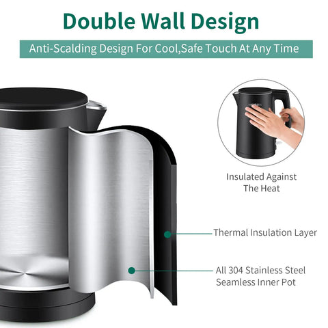 1.7 Liter Electric Kettle With Double Wall Stainless Steel Interior, Fast 1200W Boil, Auto Shut Off, Boil Dry Protection