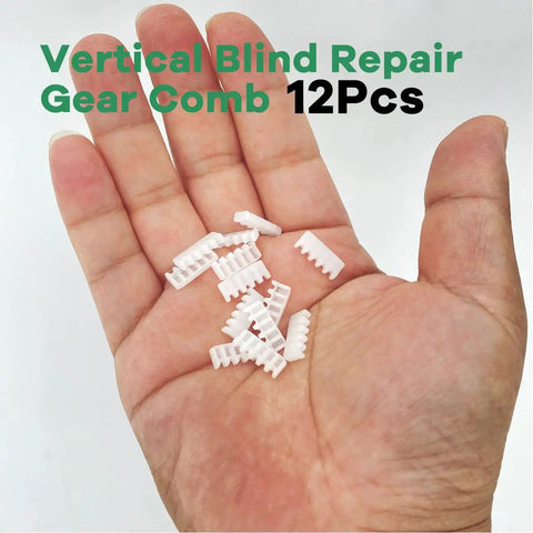 Vertical Blinds Repair Kit 64 Piece Set Featuring 40 Tabs 12 Stems And 12 Gear Combs Fits 3 Or 5 Inch Vanes Carrier Tracks including 12 gear combs in hand.