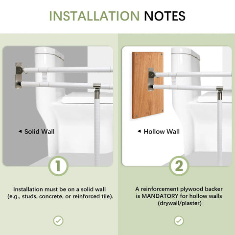 Installation notes for Heavy Duty 29.5 Inch Foldable Toilet Grab Bar With Flip Up Safety Rail for solid and hollow walls.