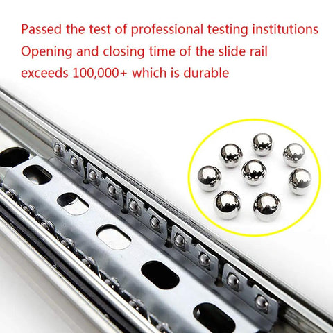 Rock Solid Full Extension Drawer Slides With Locking Side Mount Ball Bearings Smooth As Butter Glide Cold Rolled Steel Rails Rust Resistant And Whisper Quiet Operation For Custom Cabinetry 60 Inch Pair, close-up of slide rail and ball bearings.