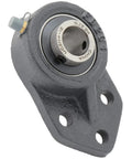 Rock Solid Heavy Duty Three Bolt Flange Mount Ball Bearing Insert Unit With Rugged Cast Iron Housing angled view.