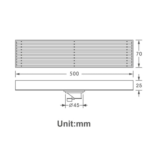 Top Tier Chrome Linear Shower Drain With Slick Odor Guard Solid 304 Stainless Steel Rectangle Floor Drain dimensions diagram, 500mm x 70mm.