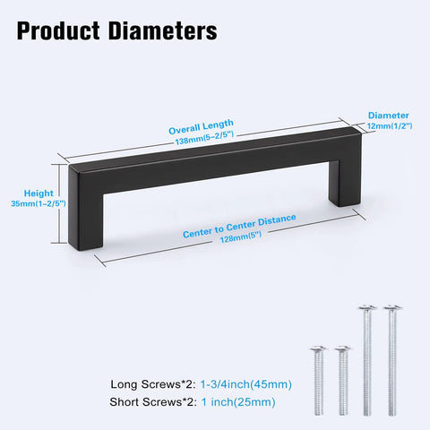 Product dimensions of Heavy Duty Matte Black Cabinet Pulls Five Inch Center To Center Square Stainless Steel Handles.