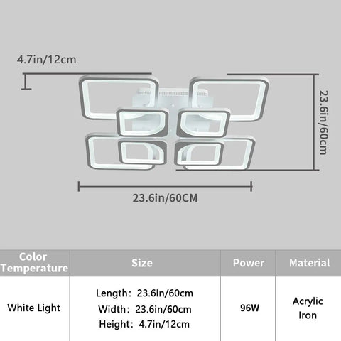 Diagram of square LED ceiling light for living room and bedroom 96W cool white 6000K 23.6 inch flush mount fixture dimensions