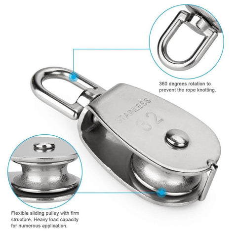 4Pcs M32 Single Pulley Block, Creatiee-Pro Heavy Duty 304 Stainless Steel Pulley Roller Crane Swivel Hook, perspective view