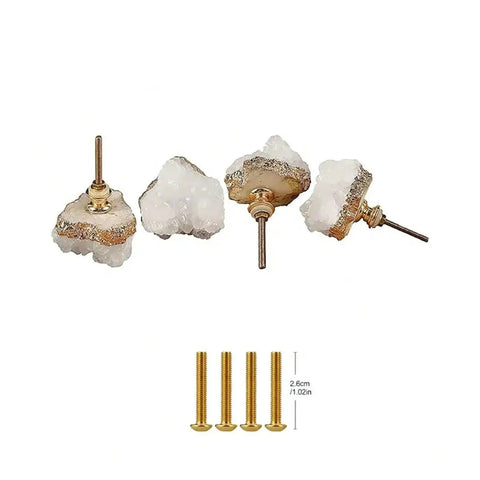 Slick Gold Plated Quartz Cabinet Knobs And Dope Crystal Drawer Pulls For Ace Kitchen Remodels Featuring Premium Natural Gemstone Hardware Plus Accessories showing gold quartz drawer knobs with screws.