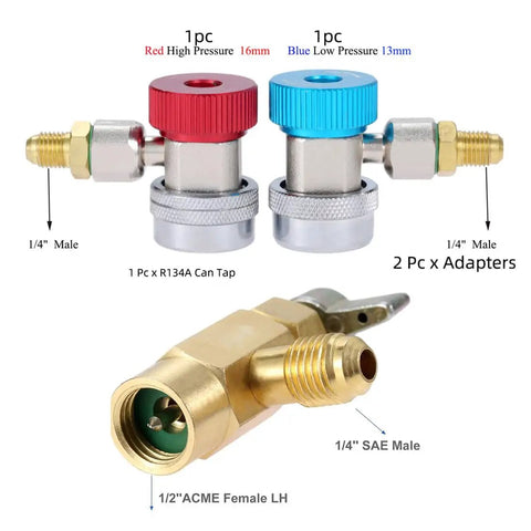 R134a Automotive Air Conditioning Tool Set Includes Kickass Quick Coupler Adapters Plus Heavy Duty Manifold Gauge Hose for Low Pressure 16mm and 13mm.