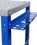 Close-up of the Rock Solid Heavy Duty Steel Welding Workbench Table's blue frame and secure clamping tool slots.