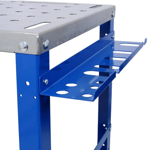 Close-up of the Rock Solid Heavy Duty Steel Welding Workbench Table's blue frame and secure clamping tool slots.