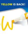 Fresh Top Shelf Dry Erase Markers With Low Odor Slick Smooth Glide Formula, Badass Durable Chisel Tips, Hella Vibrant Clean Erasable Whiteboard Pens, 12 Count Supply Stack showing yellow chisel tip on whiteboard.