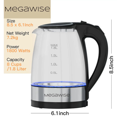 Electric Glass Kettle With Auto Shut Off 1.8L Borosilicate Glass Body Stainless Steel Inner Lid And Base No Plastic Touching Boiling Water