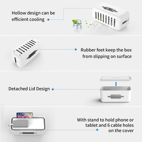Diagrams of Surge Protector Power Strip With Cable Management Box 6 Outlets And 2 USB Ports with cooling holes, rubber feet, and detachable lid.
