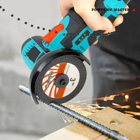 Tough As Nails Mini Angle Grinder 12V Cordless Rechargeable Power Tool for grinding steel with sparks flying.