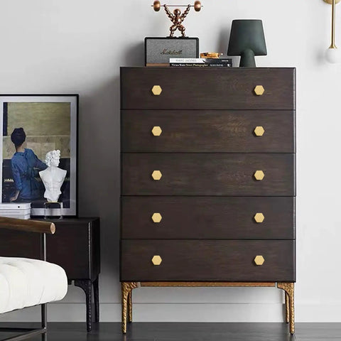 Solid Brass Cabinet Knobs And Pulls Set, 1-1/10 Inch Hexagon Handles on dark wood dresser, brushed brass finish