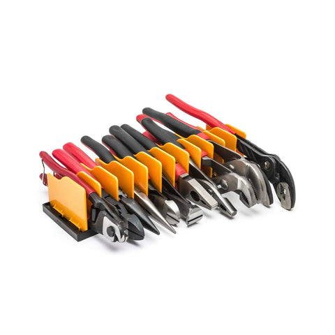 Adjustable Plier Rack Tool Organizer With 12 Customizable Compartments holding multiple pliers for vertical storage in workshop