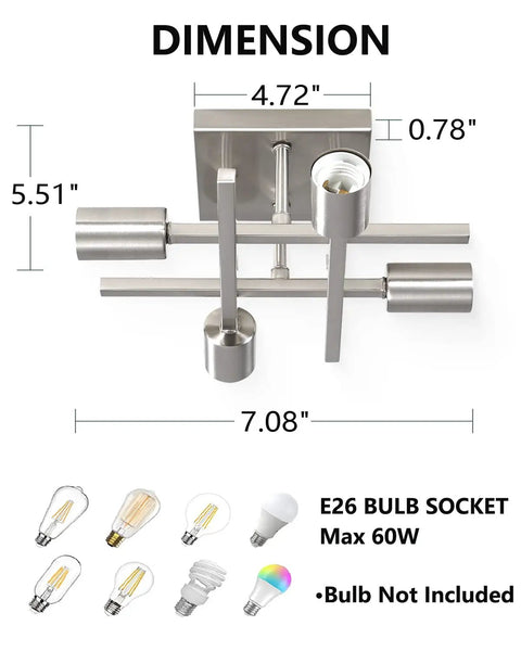 Dimensions of 4 Light Semi Flush Mount Ceiling Light In Brushed Nickel showing measurements and bulb compatibility.