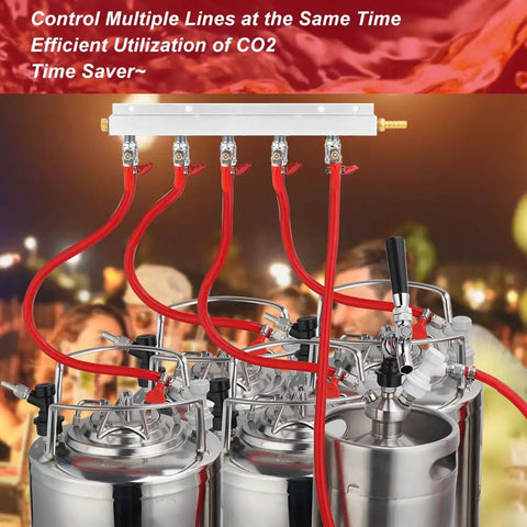Professional 5 Way CO2 Gas Manifold With 5/16 Inch Barbed Fittings For Homebrew Draft Beer Keg Carbonation Control shown with multiple red lines connecting kegs.