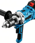Tough As Nails Two In One Cordless Drill And Cement Mixing Tool With Two Speed Torque Control One Eighty Degree Rotatable Chuck Led Work Light Blue battery-powered drill close-up.