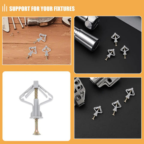 50 Pack Drywall Butterfly Anchors Kit With Heavy Duty Steel And Plastic For Extra Holding Power In Hollow Walls Hang Pictures Securely And Install Shelves Easily, showing metal and plastic anchors with tools.