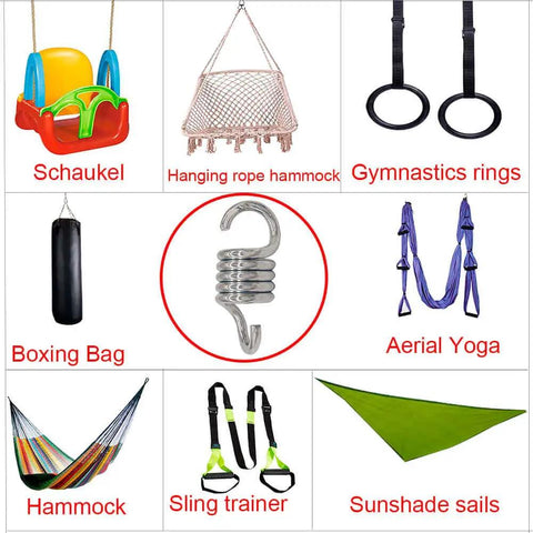 Image shows uses of heavy duty porch swing springs: swing, hammock, boxing bag, gym rings, aerial yoga, sling trainer, sunshade sails.