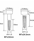 M7x32mm and M7x24.5mm Premium 6Al4V Grade 5 Titanium Wheel Lug Bolts with dimension details for custom builds.