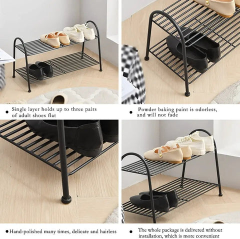 Heavy Duty Wrought Iron Shoe Rack Three Tier Floor Organizer Holds Up To A Dozen Pairs Of Your Favorite Kicks on a wooden floor.