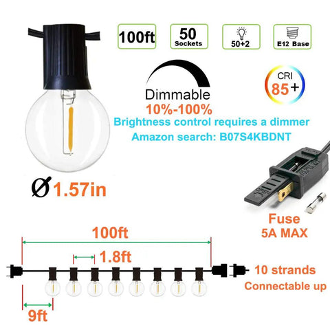 Super Tough Shatterproof Outdoor String Lights 100ft With Dimmable Vintage Edison Led Filament Bulbs diagram and specifications