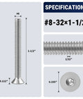 #8/32 by 1-1/2 inch Flat Head Socket Cap Screws specifications showing dimensions and threading detail.