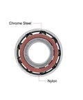 Rock Solid 7001AC Angular Contact Ball Bearings Single Row Open Chromium Steel, showing chrome steel and nylon construction.