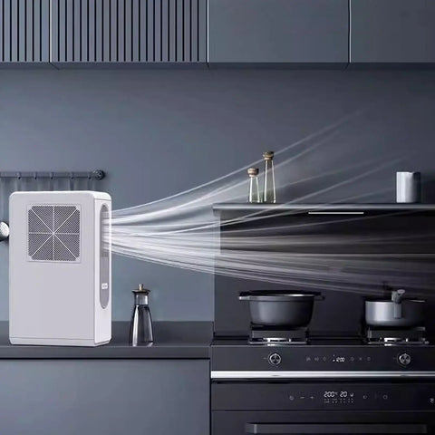 Stand Up Portable Air Conditioner With Multi Layer Oil Control Filter And Super Quiet 38 Db Operation in modern kitchen setup with airflow.