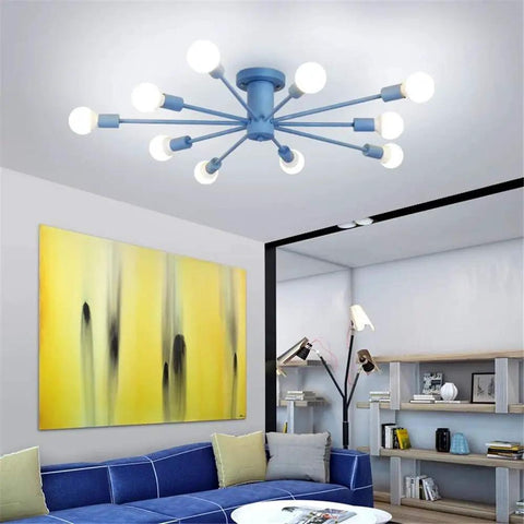 Contemporary Colorful Nordic Sputnik Ceiling Light With 10 Lights Semi Flush Mount Chandelier In Bold Blue Finish For Kitchen