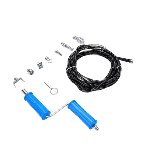 Heavy Duty Drain Auger Attachment Five Meter Alloy Steel Snake With Six Cutting Blades For Stubborn Kitchen Tub And Shower Clogs Clears Deep Pipe Blockages Without A Single Sweat with coil and attachments.