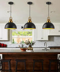 WADORN 2 Sets Ceiling Canopy Cover Plate for Pendant Light Kit Light Canopy Kit Recessed Lights Conversion Black Steel Canopys Lights Accessory for Lighting Fixtures Update Renovation Project in kitchen with black and gold pendant lights.
