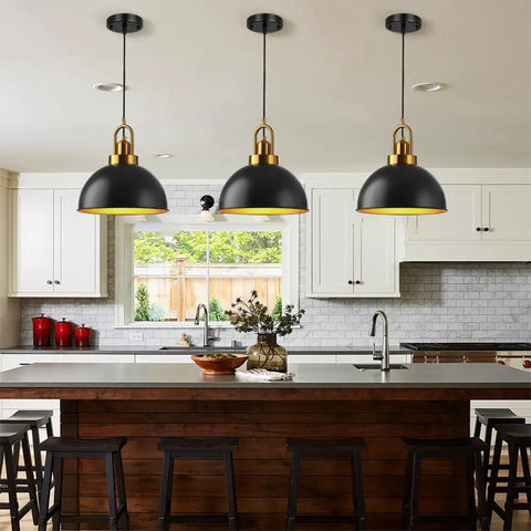 WADORN 2 Sets Ceiling Canopy Cover Plate for Pendant Light Kit Light Canopy Kit Recessed Lights Conversion Black Steel Canopys Lights Accessory for Lighting Fixtures Update Renovation Project in kitchen with black and gold pendant lights.