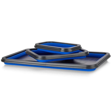 Magnetic Parts Tray Set With Three Collapsible Sizes For Mechanics, blue and black trays stacked, non marring rubber coated magnet