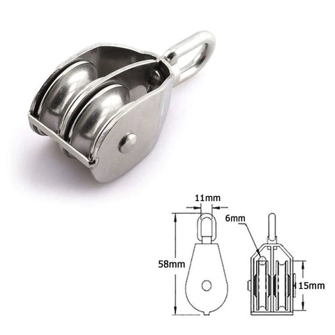 M15 Double Pulley Block Stainless Steel Heavy Duty Hardware Double Wheel Swivel Rigging Lifting Wheel Fixed Pulley for Wire Rope Loading 35kg shown with diagram