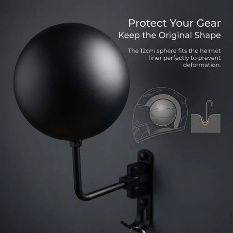 Heavy Duty Motorcycle Helmet Holder Wall Mount Rack With Dual Key Hooks Built Tough Steel Garage Gear Organizer close-up of ball to prevent helmet deformation.