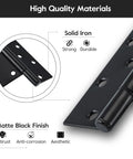 Close-up of Badass 10 Inch Heavy Duty Gate Hinges 2 Pack Wrought Iron T Straps, solid iron, matte black finish, and strong design.