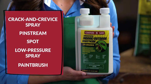 Person holding Concentrated Indoor Outdoor Insect Control For Fleas Roaches And Ants 32 Oz Tank near application methods list