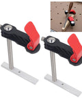 Two Pack Heavy Duty Stainless Steel Hold Down Clamps Featuring Slick Quick Release For Tough As Nails Woodworking Grip Zero Slip Safety And Smooth Operation On Any Workbench Table with red levers and silver bases.