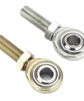 Two Pack of Heavy Duty 1/2 Inch Bore Rod End Heim Joints Featuring 1/2-20 Male Threads, silver and gold finishes, side view.